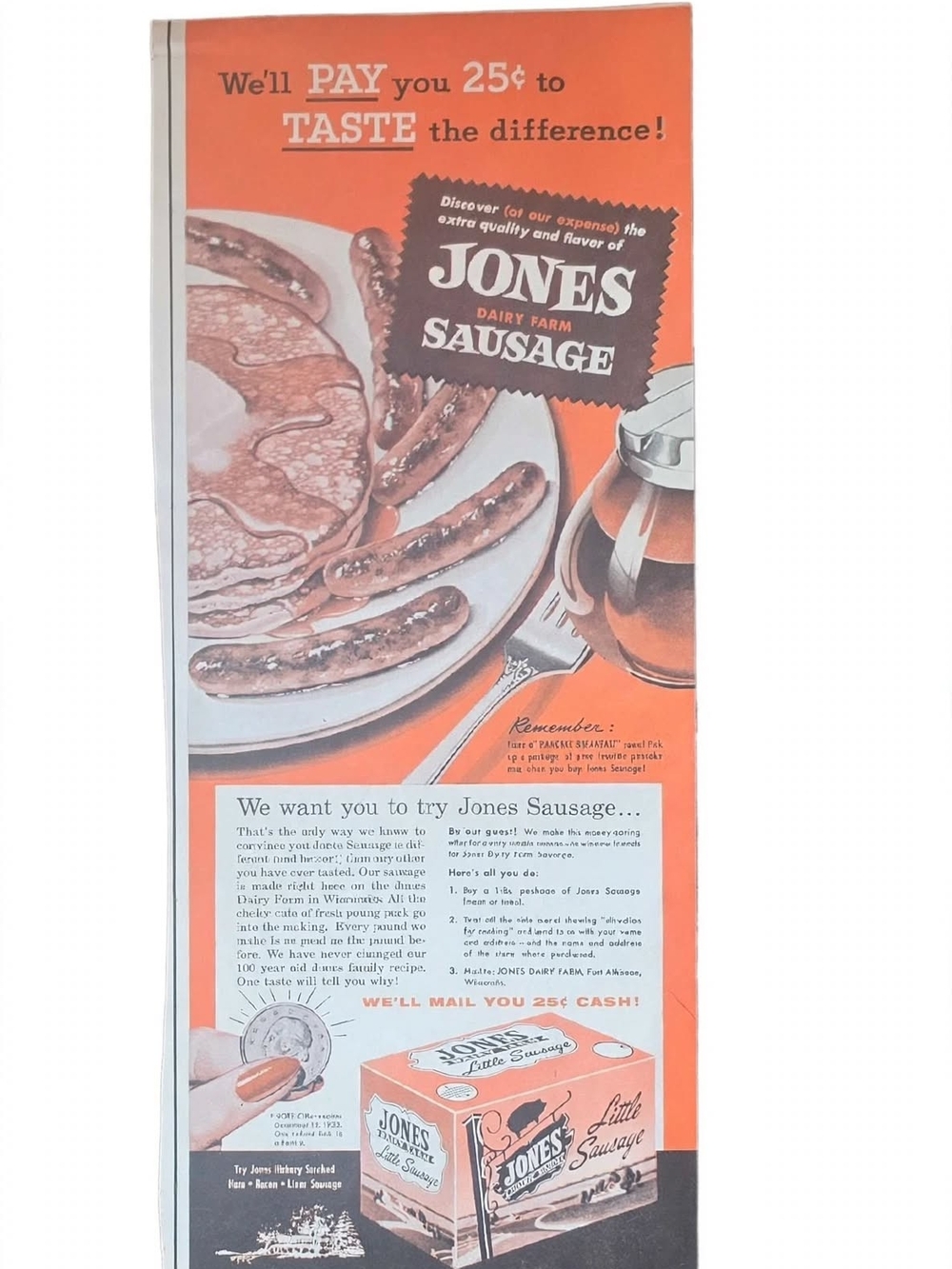 vintage 50s print ad for Jones Dairy Farm Sausage featuring a promotional